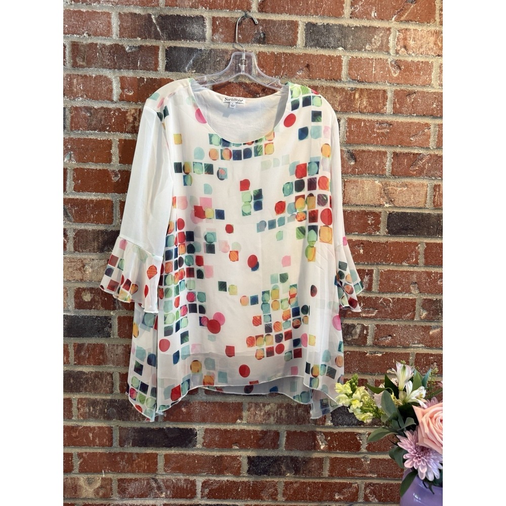 NorthStyle Sheer Blouse Abstract Lined Multicolor Geometric Shapes Pullover L